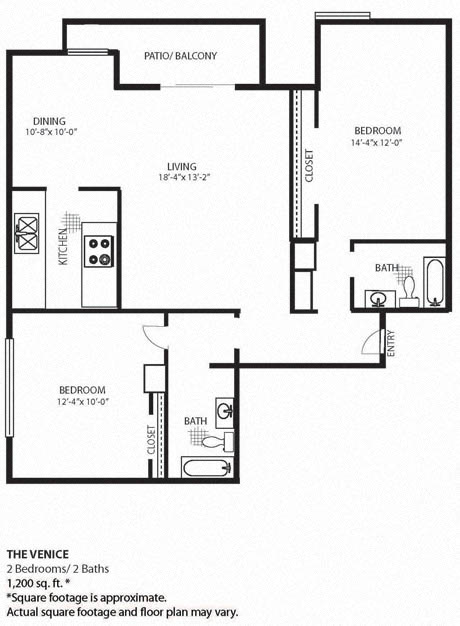 Floor plan for 2 beds, 2 baths, 1200 sqft